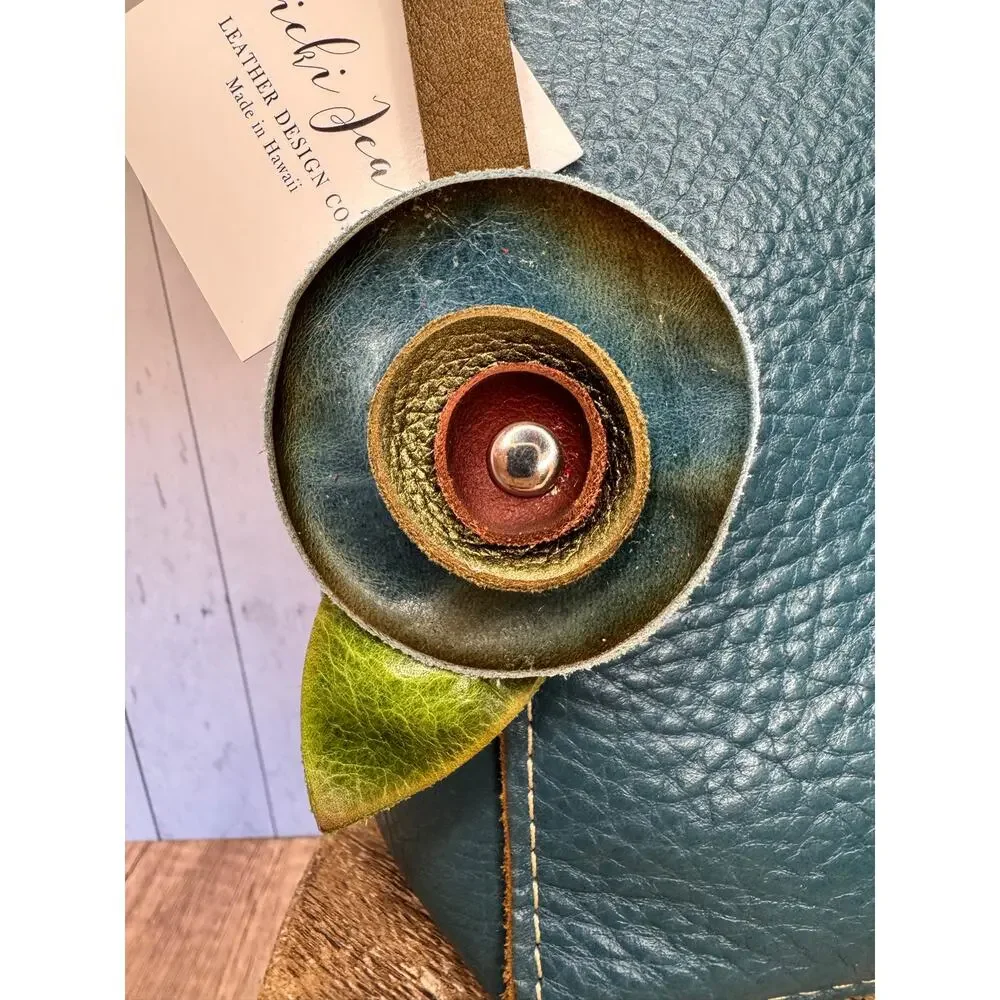 Genuine Leather Round Flower Purse Charm Blue Green Plum Flower Boho Bag Charm